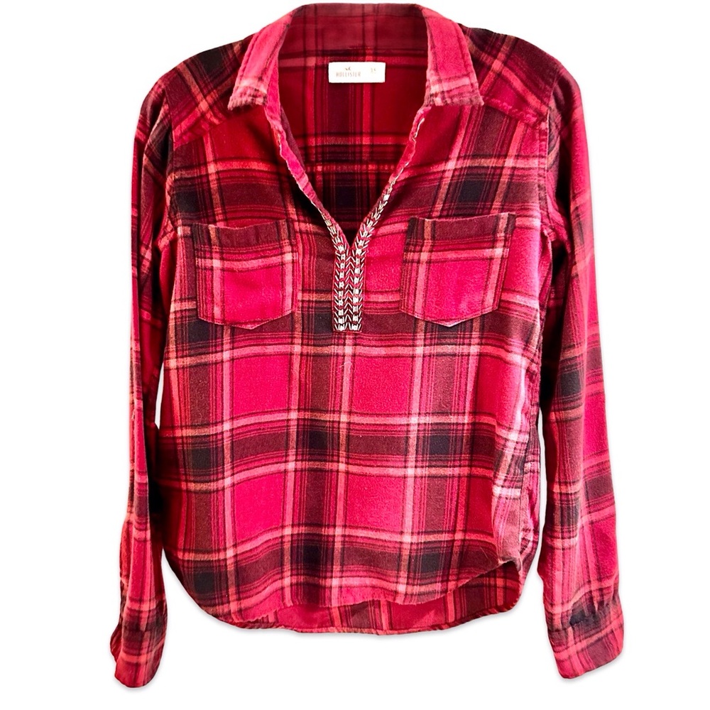 Women’s Hollister Flannel Tunic Top Sequin Neck Red Plaid Tab Sleeve Siz…